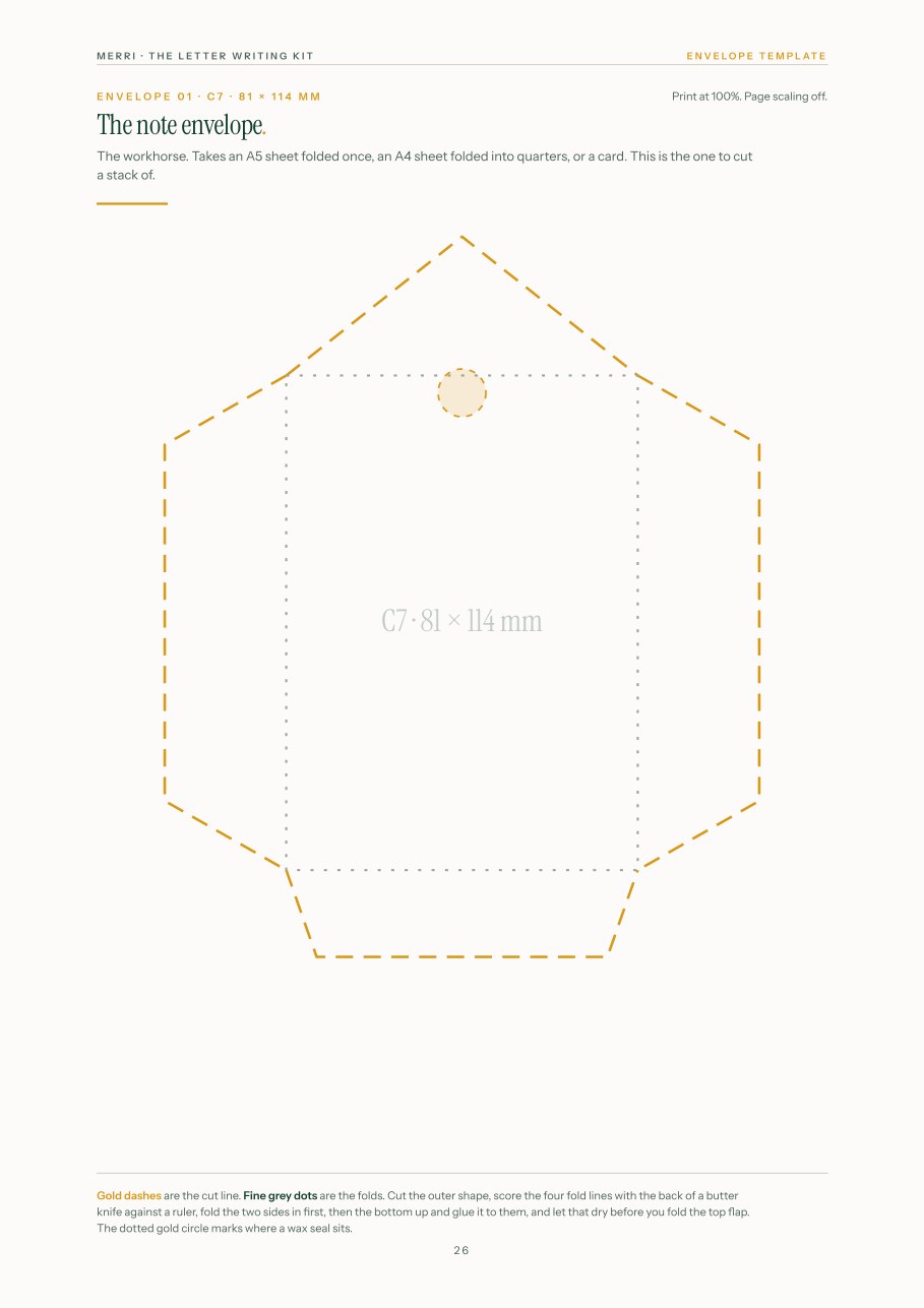 A cut and fold envelope template